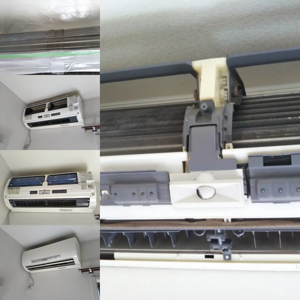 天井に設置された複数のエアコン本体と、分解した内部のファンやフィルターガイド部品を撮影した写真