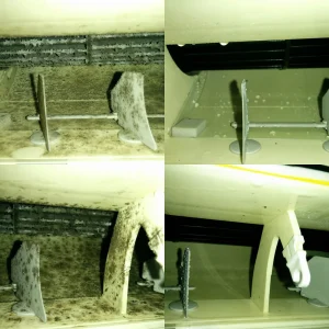エアコン内部のカビ汚れを分解洗浄した前後を比較した写真。フィンや送風ファンの黒ずみが目立つ