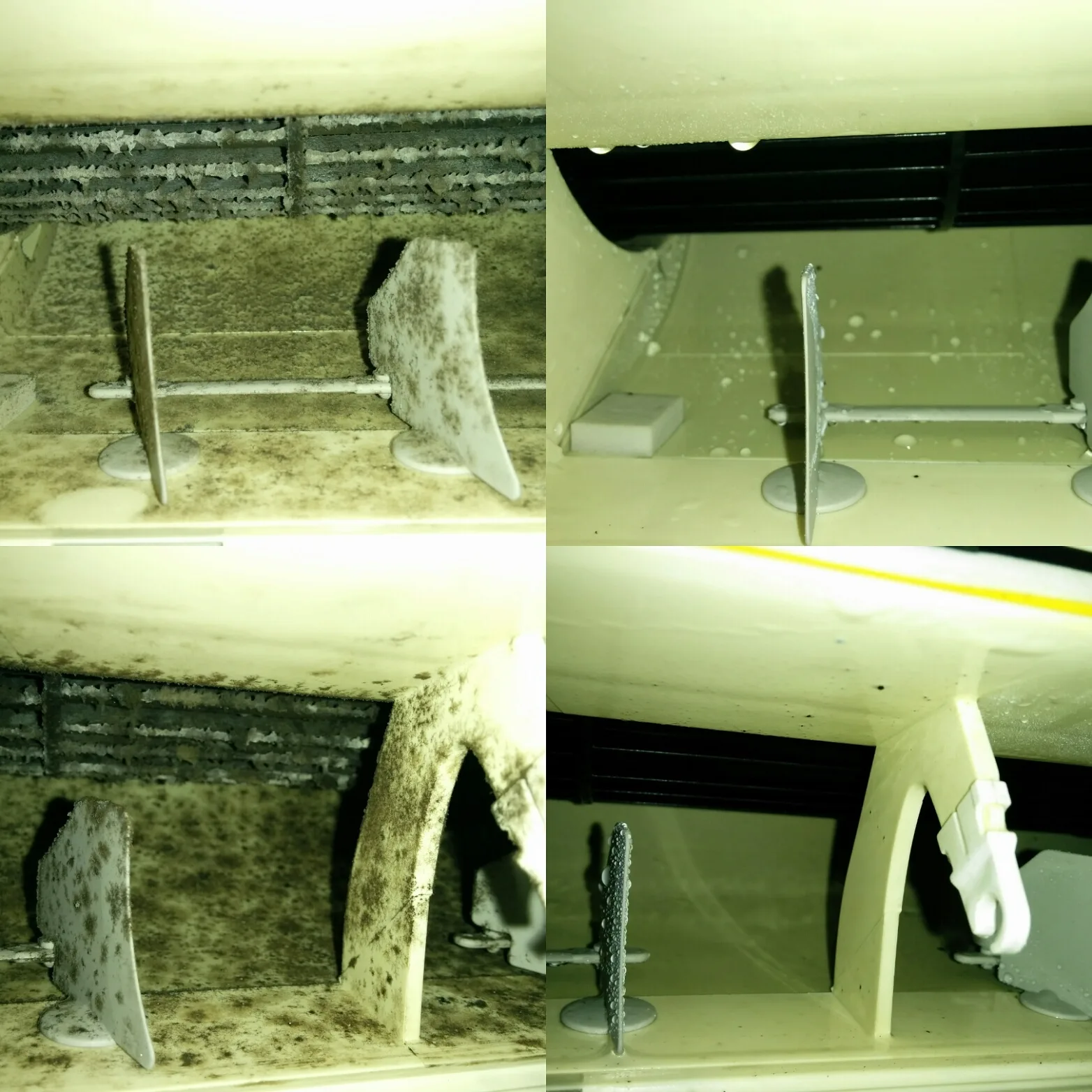 エアコン内部のカビ汚れを分解洗浄した前後を比較した写真。フィンや送風ファンの黒ずみが目立つ