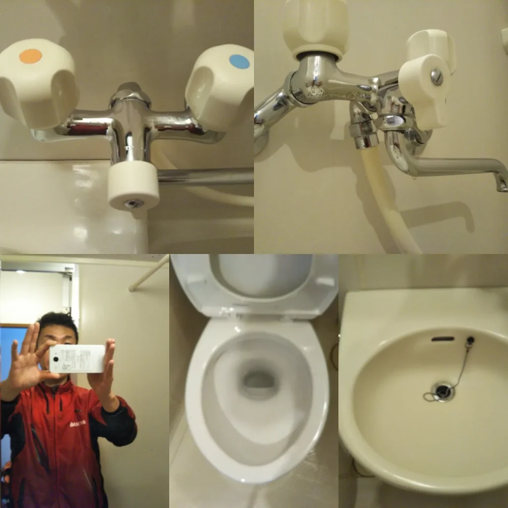 浴室の水栓や洗面台の排水口、トイレなど水回り設備を確認している清掃記録写真