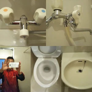 浴室の水栓や洗面台の排水口、トイレなど水回り設備を確認している清掃記録写真