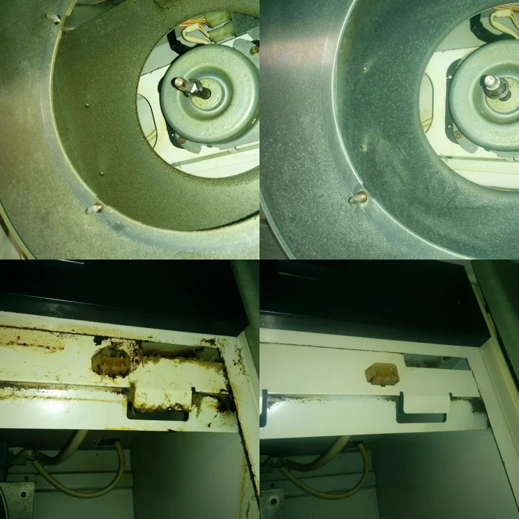 レンジフードのファンモーターと金具部分を清掃する前後で比較した写真