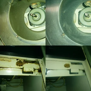 レンジフードのファンモーターと金具部分を清掃する前後で比較した写真