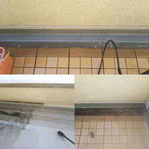 窓のサッシレールとバルコニーのタイルを清掃する前後の様子を比較した写真