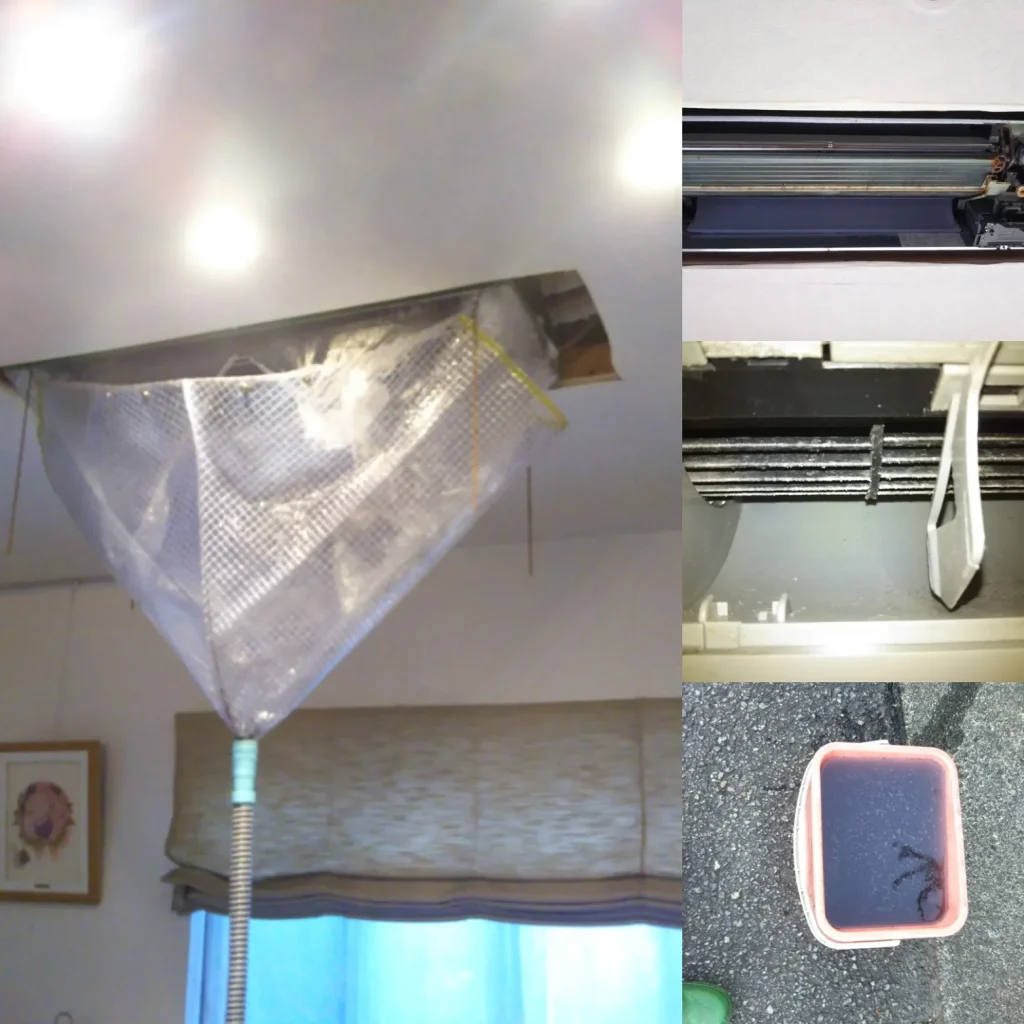 エアコン内部の熱交換器とファンを洗浄し、飛散防止シートで汚れを受け止めている作業風景です。