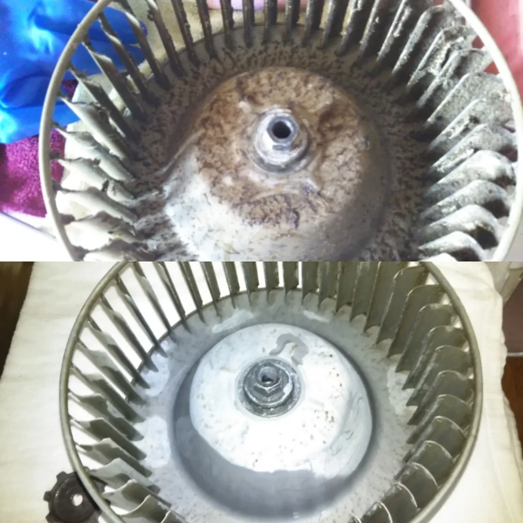 換気扇のファン部分のビフォーアフター。さび付いた汚れを落とし、きれいな状態に仕上げました。