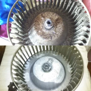 換気扇のファン部分のビフォーアフター。さび付いた汚れを落とし、きれいな状態に仕上げました。