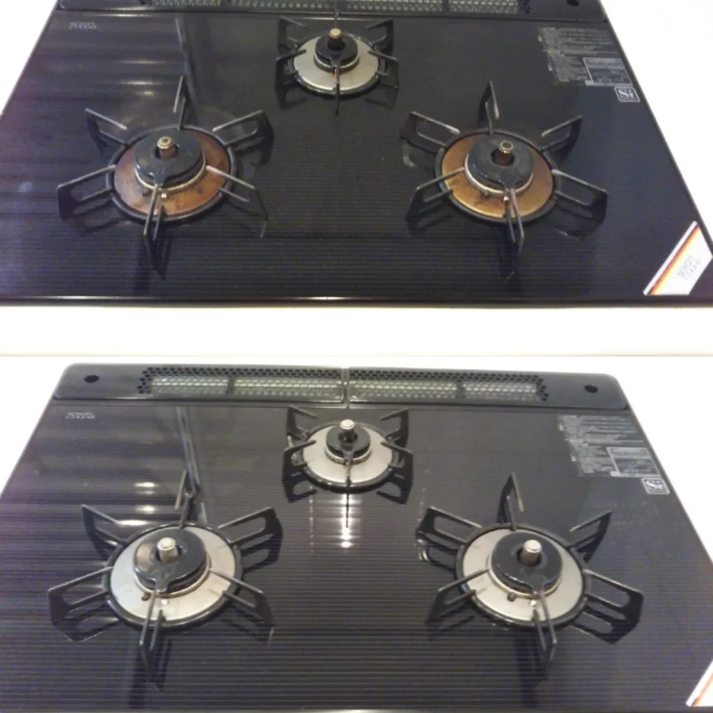 3口ガスコンロのビフォーアフター。焦げ付きのあったバーナー周りが新品のような輝きになりました。