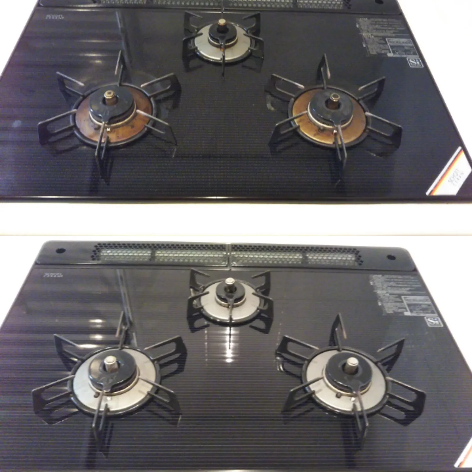3口ガスコンロのビフォーアフター。焦げ付きのあったバーナー周りが新品のような輝きになりました。