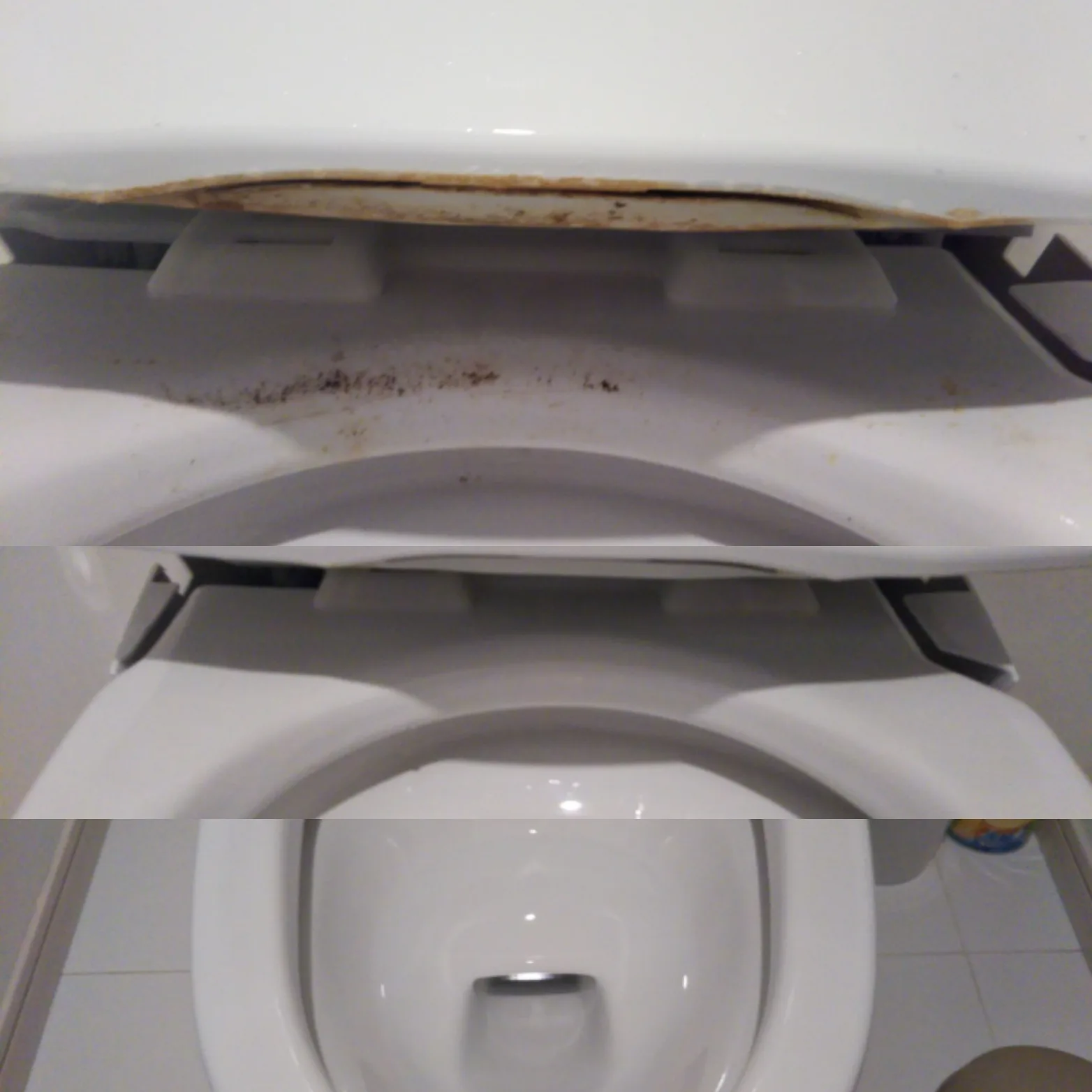 トイレのふた裏や手洗いタンクにたまった黒ずみ汚れを落とし、清潔に仕上げたビフォーアフター