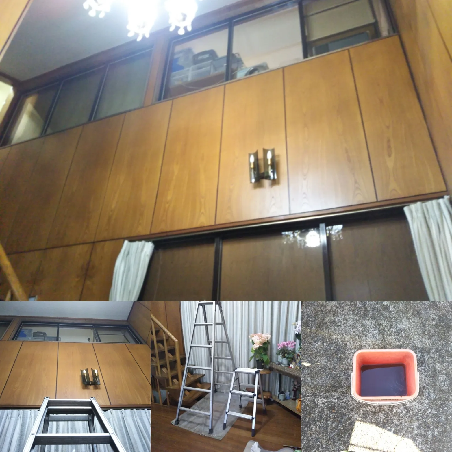 脚立を使って室内の木製収納扉と窓ガラスを清掃した前後の比較写真