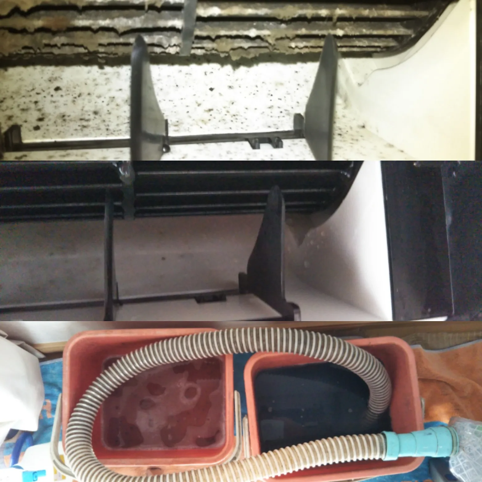 エアコン内部にびっしり付着した黒カビ汚れを洗浄し、きれいになったフィンと汚れた排水を比較した写真