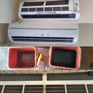 パナソニックとフジツウ製エアコン室内機の洗浄作業と、洗浄で出た黒い汚水を撮影した写真