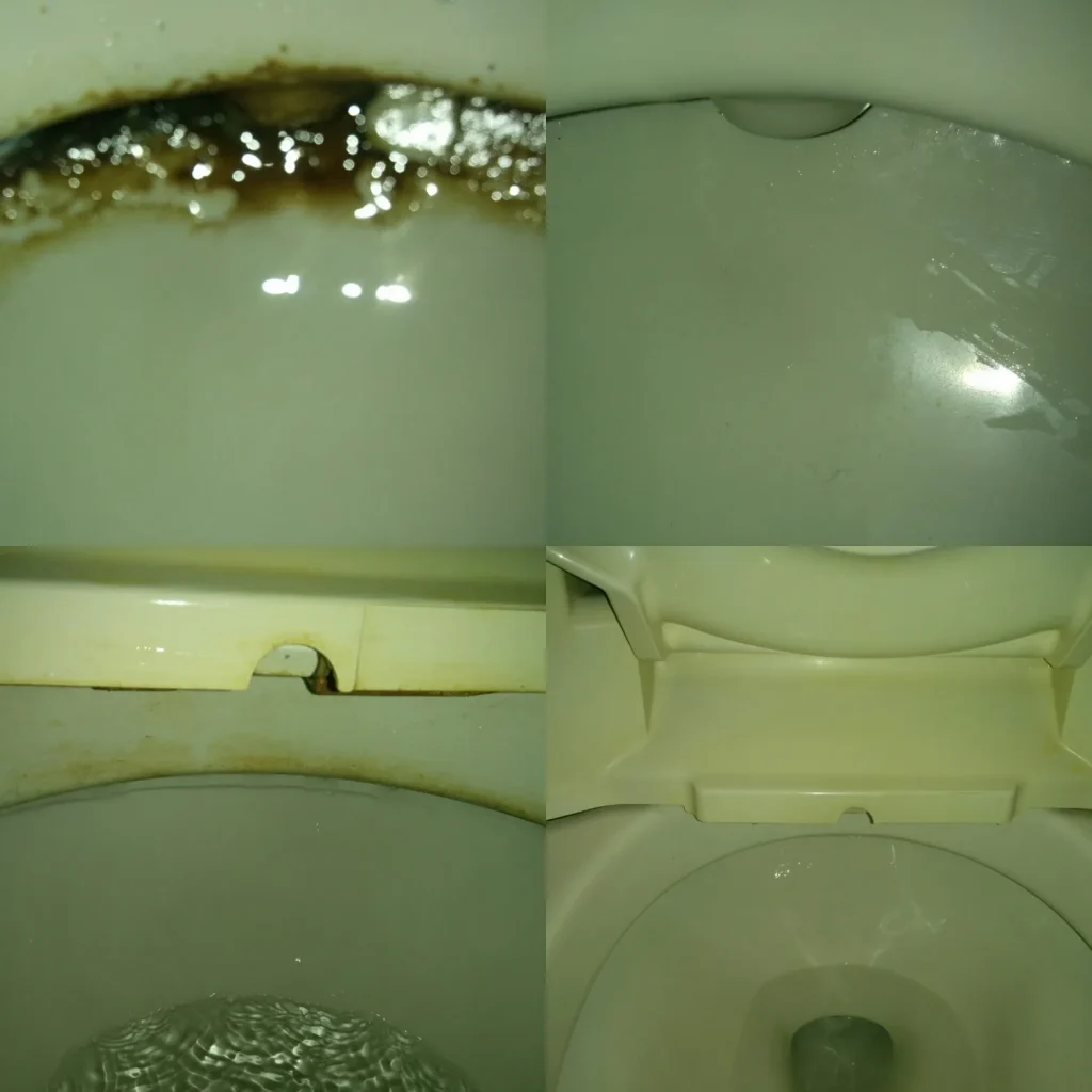 便器のふちにこびりついた尿石汚れと便座の付け根のサビ汚れを清掃前後で比較した写真