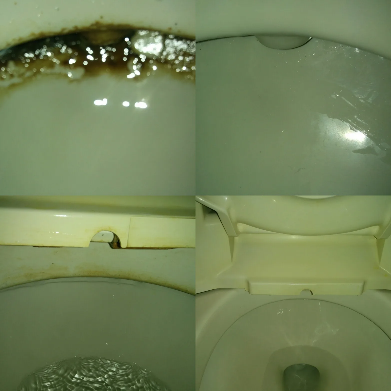 便器のふちにこびりついた尿石汚れと便座の付け根のサビ汚れを清掃した前後の比較写真