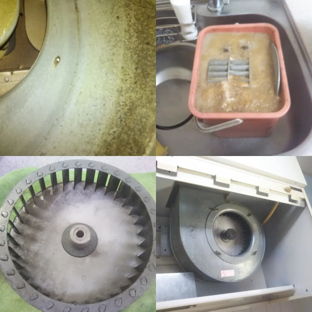空室の換気扇を分解し、羽根や内部の汚れをつけ置き洗浄してから取り付け直している様子