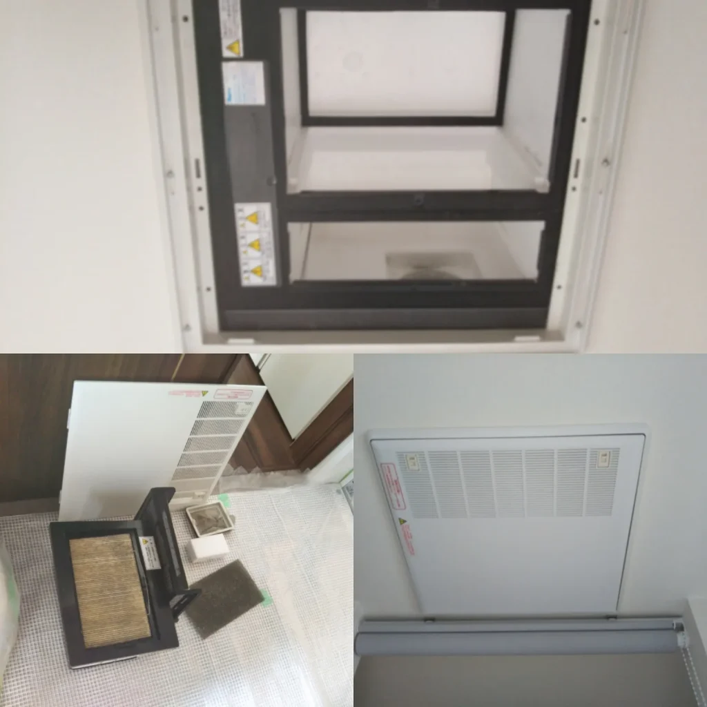 天井に埋め込まれた24時間換気システムのフィルターを取り外して洗浄し、清掃後に取り付け直した様子