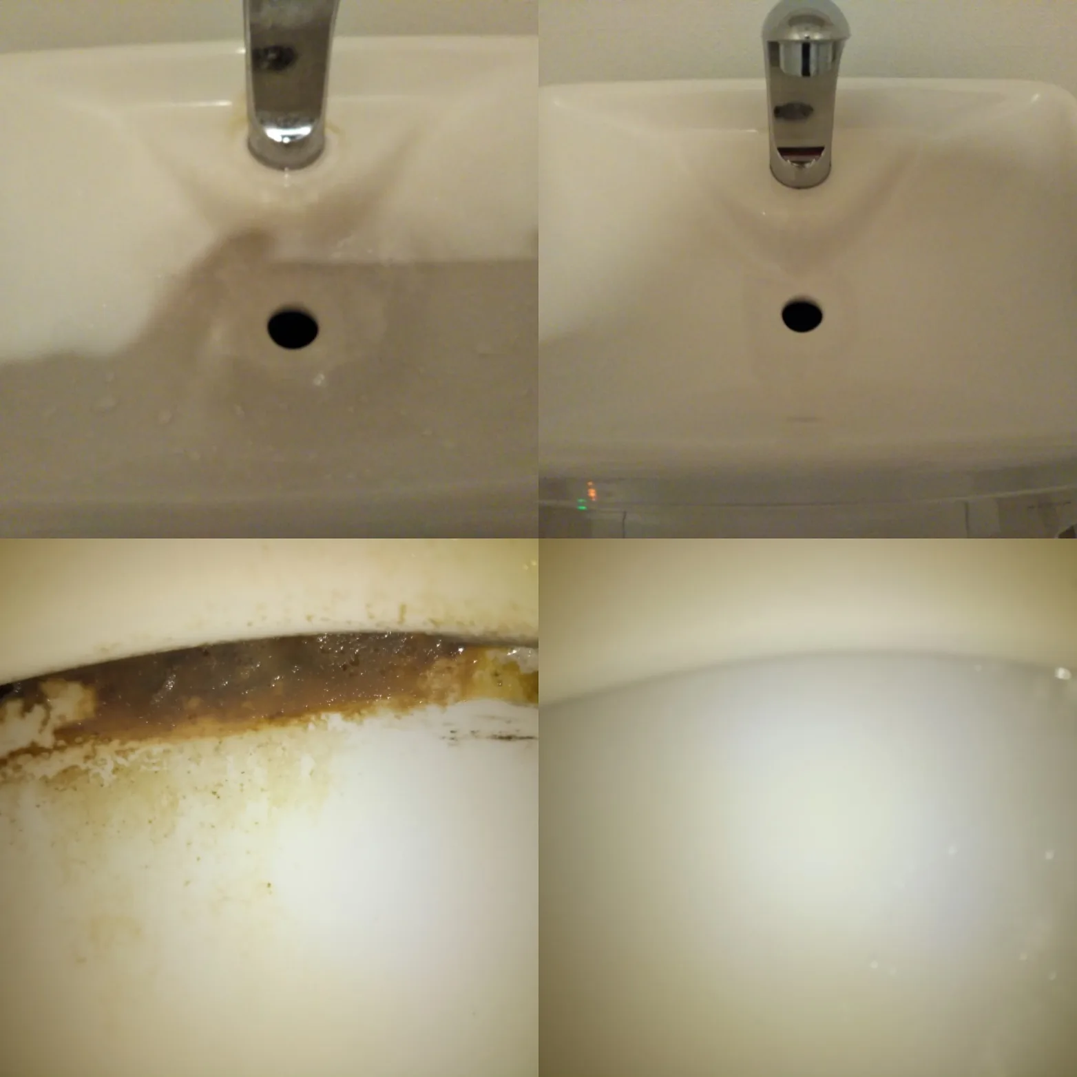 洗面台の蛇口まわりの水垢汚れと便器のふちの尿石汚れを清掃前後で比較した写真