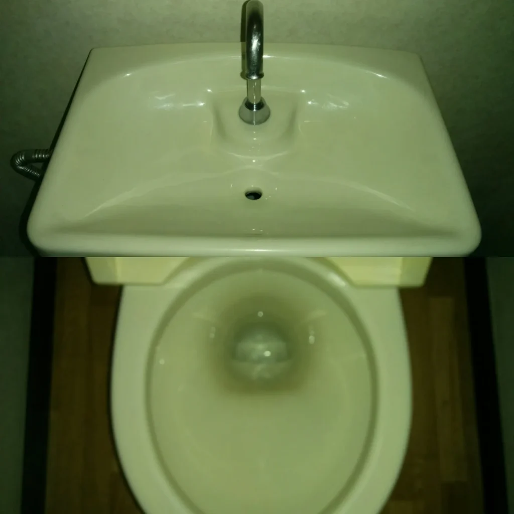 洗面台の蛇口まわりの汚れと便器内部を清掃した際の様子を上下2枚で撮影した写真