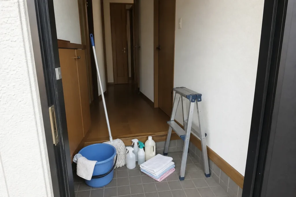 玄関にまとめて置いたバケツ・モップ・脚立・洗剤など清掃道具一式