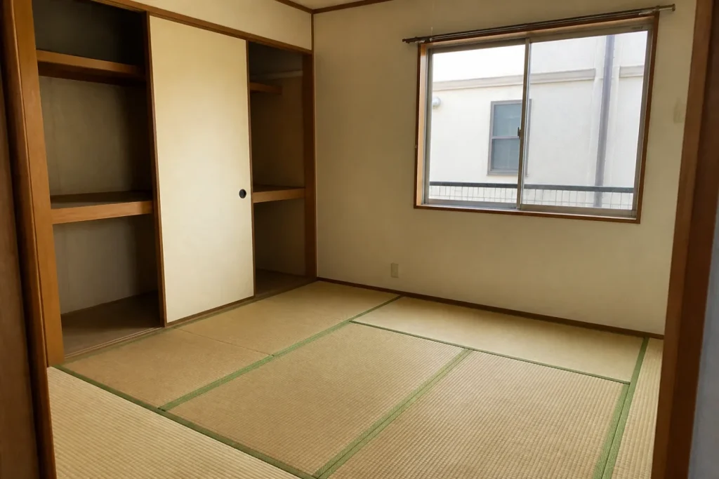 空室の和室。畳と押入れ、明るい窓のある退去後の部屋